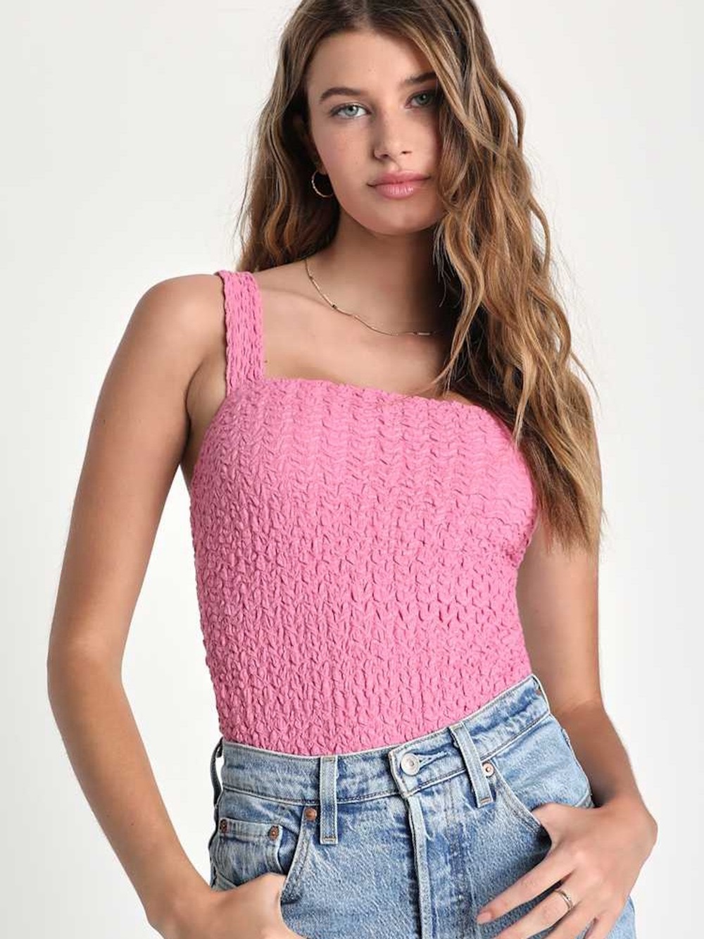 NWT Lulus Pink Crinkle Textured Sleeveless Bodysuit